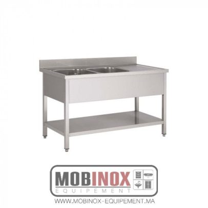 PLONGE INOX 2 BACS L160XP70XH85CM ÉGOUTTOIR DROITE AVEC ÉTAGÈRE