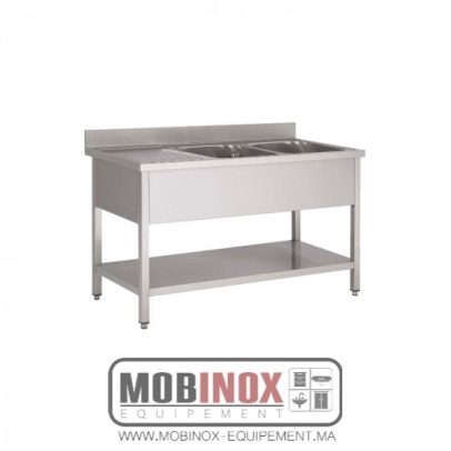 PLONGE INOX 2 BACS L160XP70XH85CM ÉGOUTTOIR GAUCHE AVEC ÉTAGÈRE